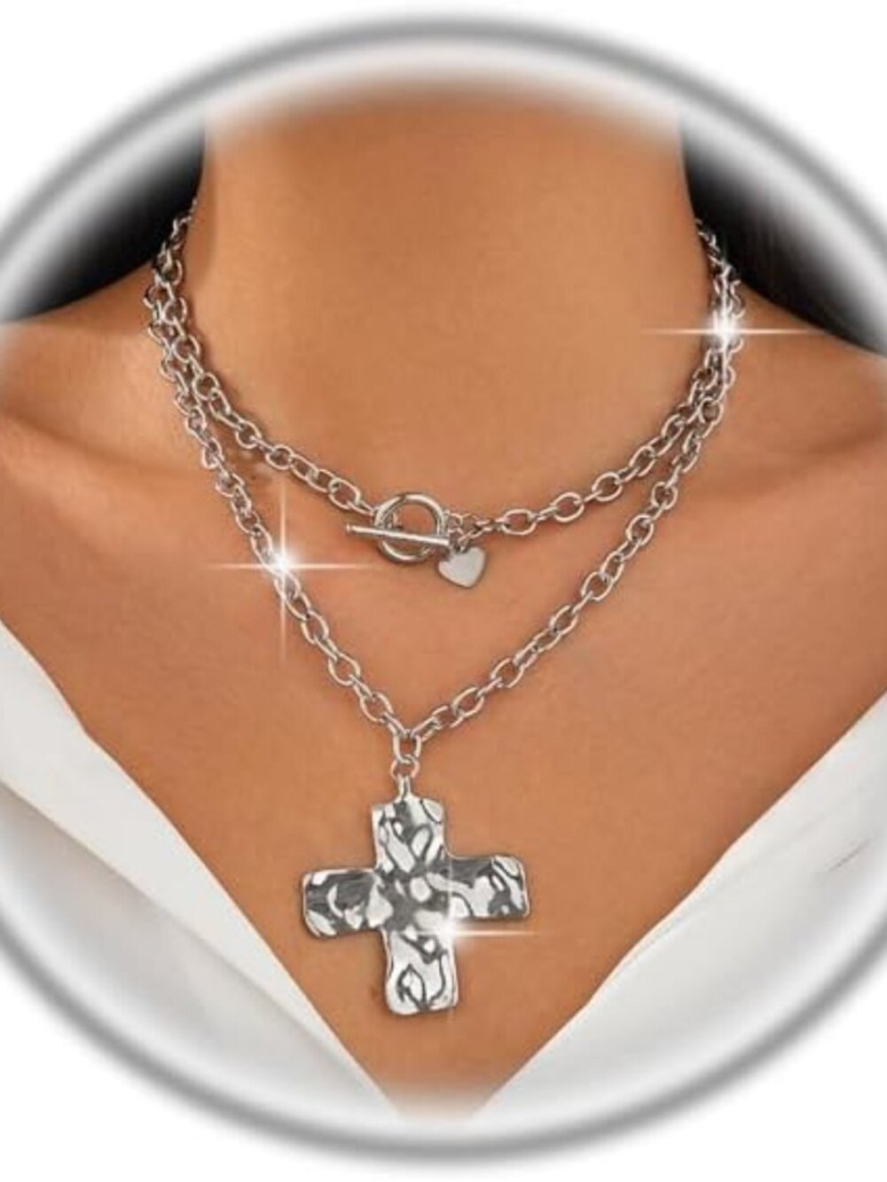 Layered Chunky Cross Necklace for Women,Punk Vintage Hammered Big Cross Heart Pe